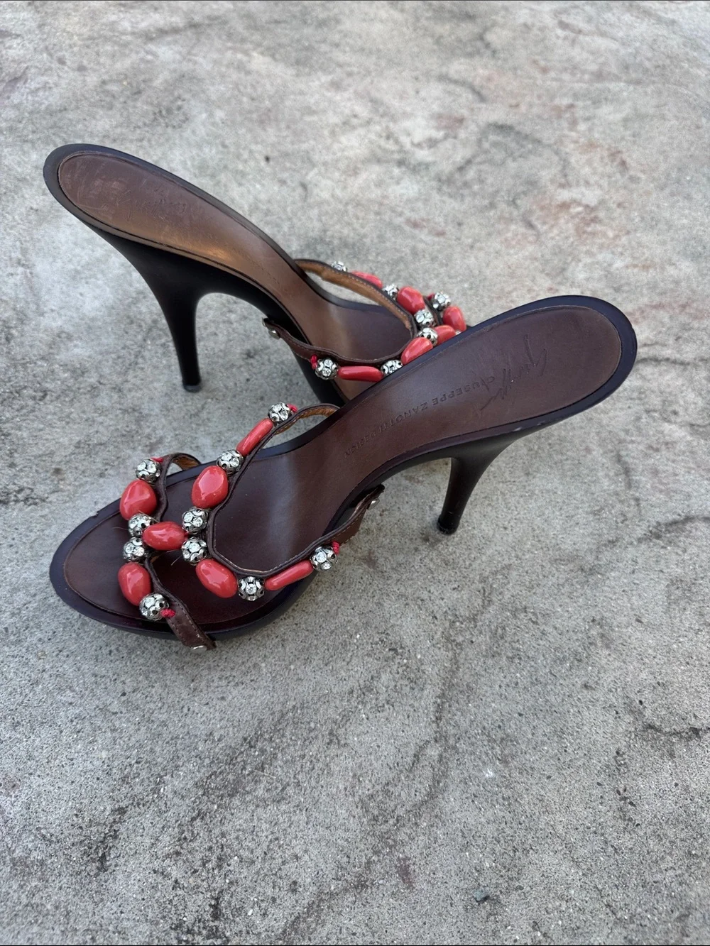 Giuseppe Zanotti Black Stiletto Sandal with Red Bead Embellishments